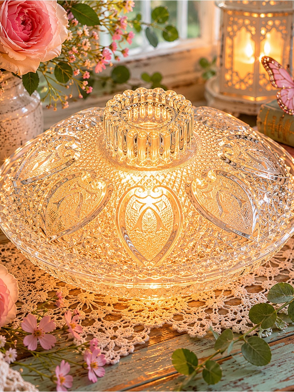 Vintage Glass Collection Fairy Lamp Clear Pressed Glass Candy Dish Accent Light